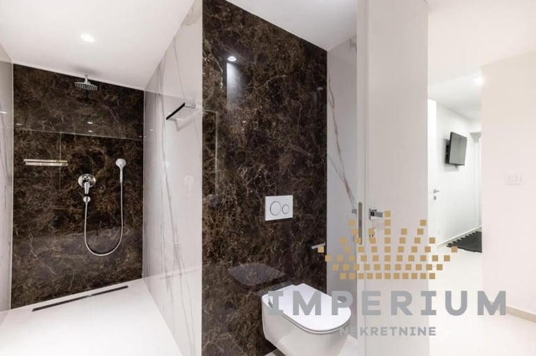 Modern bathroom with dark marble shower enclosure, white toilet, and contemporary fixtures with minimalist design