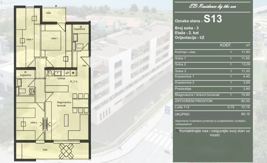 Floor plan of apartment S13 showing layout with rooms, dimensions, and building specifications on right panel