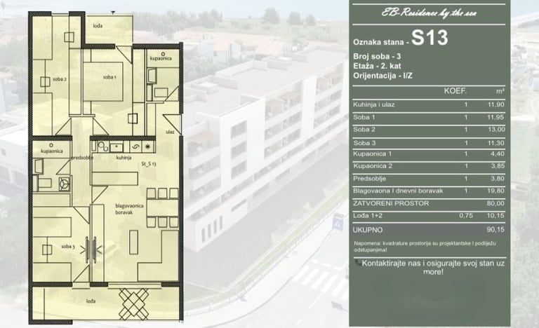 Floor plan of apartment S13 showing layout with rooms, dimensions, and building specifications on right panel