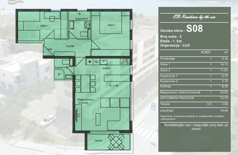 Floor plan layout of apartment S08 showing rooms, dimensions, and property details in green and black design.