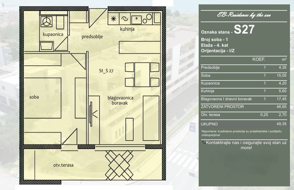 Apartment floor plan layout labeled S27 showing rooms, dimensions, and specifications panel with details on the right