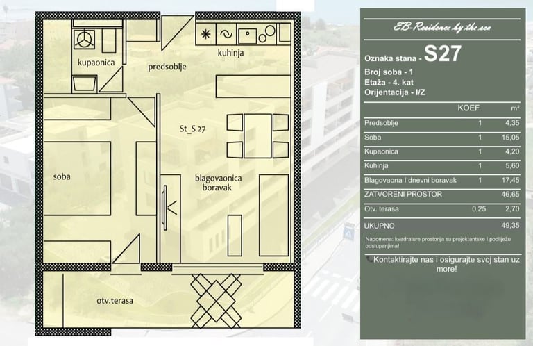 Apartment floor plan layout labeled S27 showing rooms, dimensions, and specifications panel with details on the right