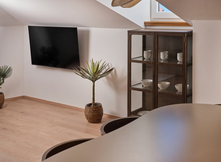 Modern living room with mounted wall TV, potted plant, dark wood glass display cabinet, and dining table in foreground