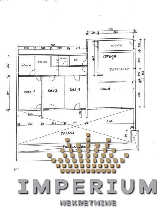 Apartment floor plan layout for Imperium development showing multiple rooms, terrace with seating, and dimensional measurements