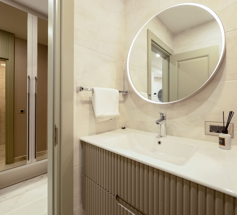 Modern bathroom with white countertop sink, round illuminated mirror, towel rack, and shower enclosure in neutral tones