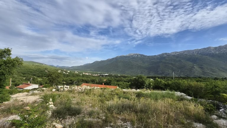 Scenic mountain valley landscape with green hills, a small village nestled below, vegetation in foreground, and blue sky with clouds