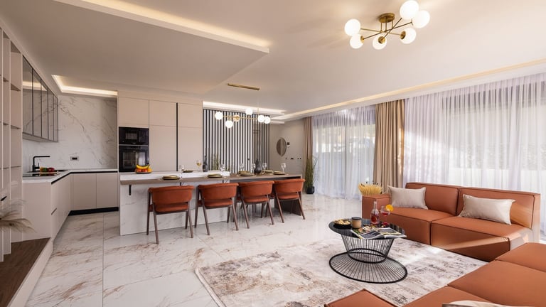 Modern open-plan living space with marble flooring, white kitchen, dining area with upholstered chairs, and orange leather seating in living room